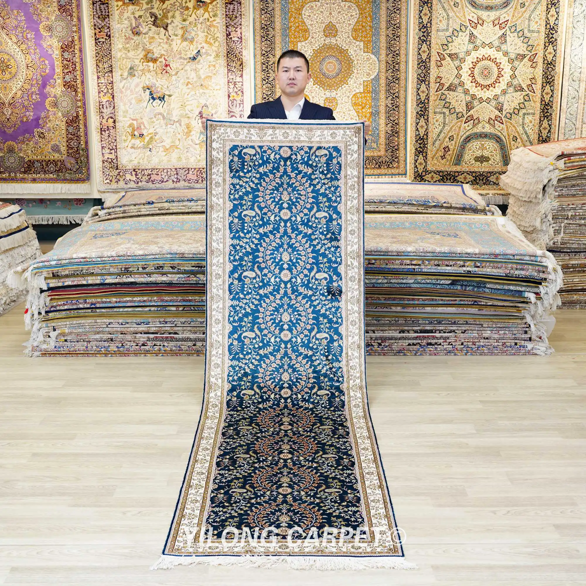 2 5 'x 9' персидский шелковый ковер синий медальон с ручным узлом Восточная