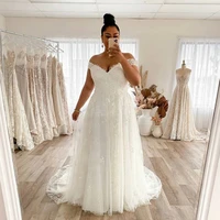 classic lace applique plus size wedding dress v neck off the shoulder tulle bridal gowns a line court train civil robe de mari%c3%a9e
