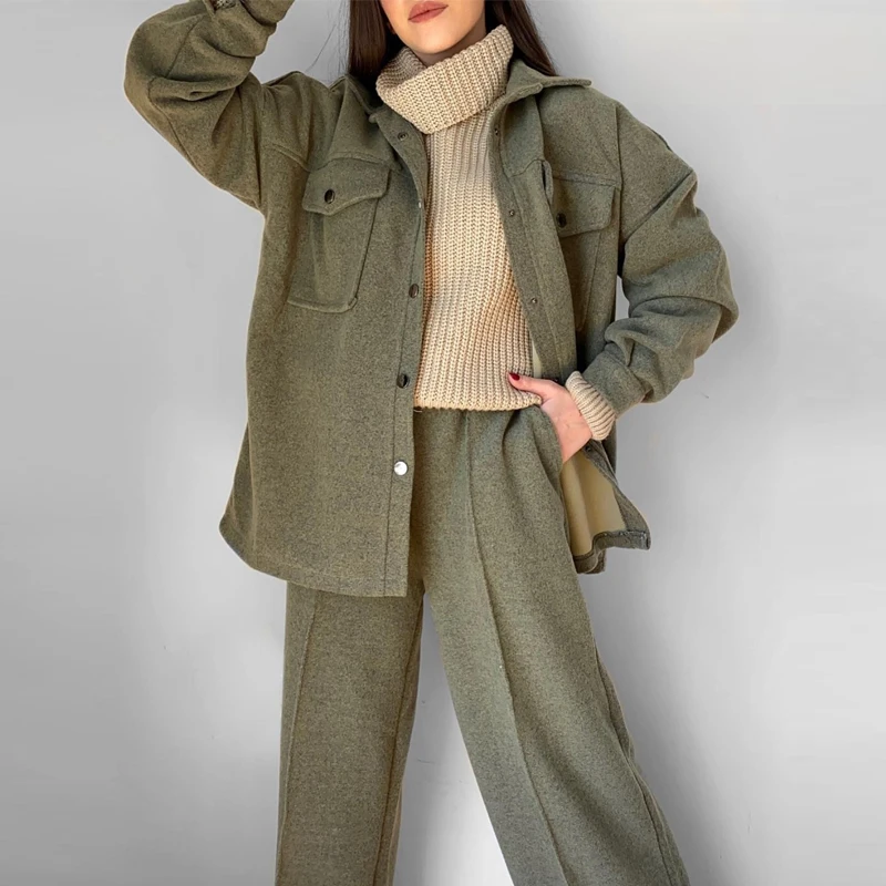 Winter Warm Wool Shirt Coat Outfits Fashion Solid Women Lapel Button Pocket Tops And Straight Pants Suits Casual Autumn Lady Set