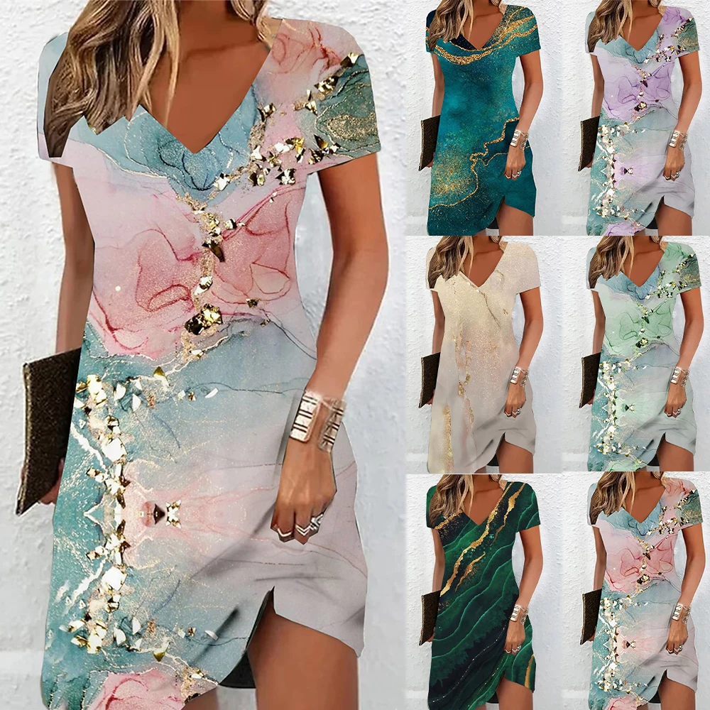 

Women's Casual Dress Summer Dress Ombre Marble Print V Neck Short Sleeve Mini Dress Active Fashion Outdoor Daily