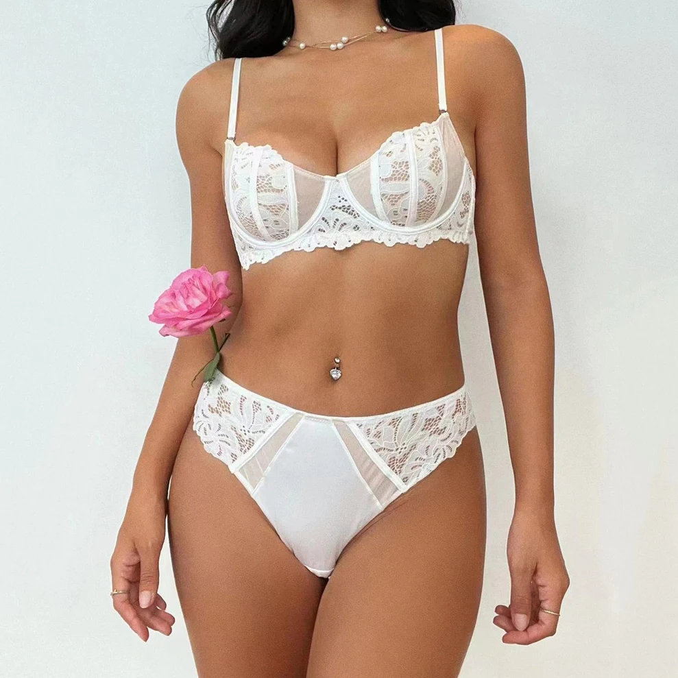 

Push Up Lace Bra Set French Ultra Thin Underwire Unlined Lingerie Transparent Panty Soft Brief See Through Underwear Set New