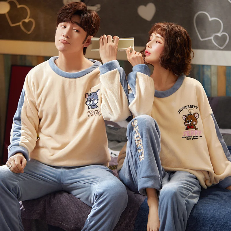 

Coral Velvet Couple Pajamas Women Autumn Winter Long Sleeve Cartoon Flannel Plush Thickened Warm Home Clothes Men