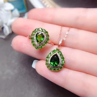 meibapj natural diopside gemstone water drop ring and necklace for women real 925 sterling silver green stone fine jewelry set