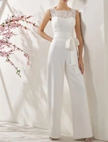 modern jumpsuits wedding dresses jewel floor length lace satin simple bride gowns wiith bow vestidos de noiva robe mariee