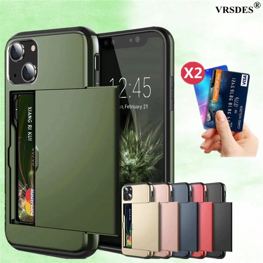 

Armor Slide Card Case For iPhone 13 12 Mini 11 Pro XS Max Card Slot Holder Cover For iPhone 5 5S 6 S 7 8 Plus SE 2020 X XR Funda