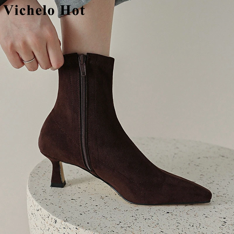 

Vichelo Hot Flock Square Toe Med Heels Modern Boots Wedding Oriental Breathable Party Maiden Rage Stovepipe Zipper Ankle Boots