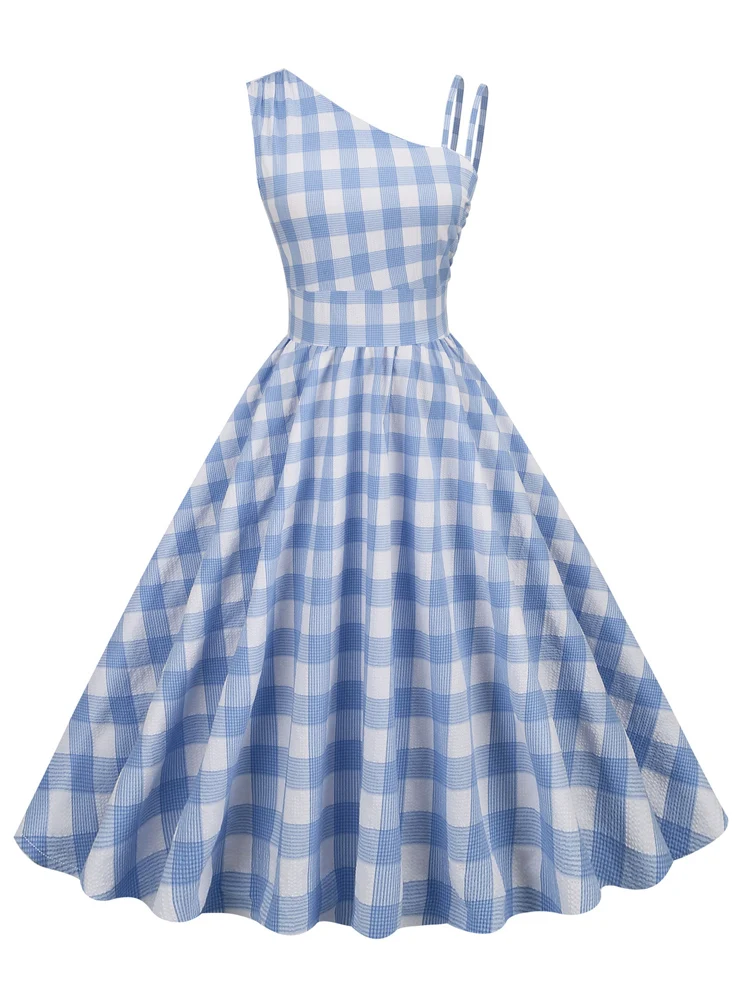 

2022 Blue White Plaid High Waist Pleated Midi Dresses 40s 50s 60s Office Summer Style Vintage Dress Elegant Party Women Clothing