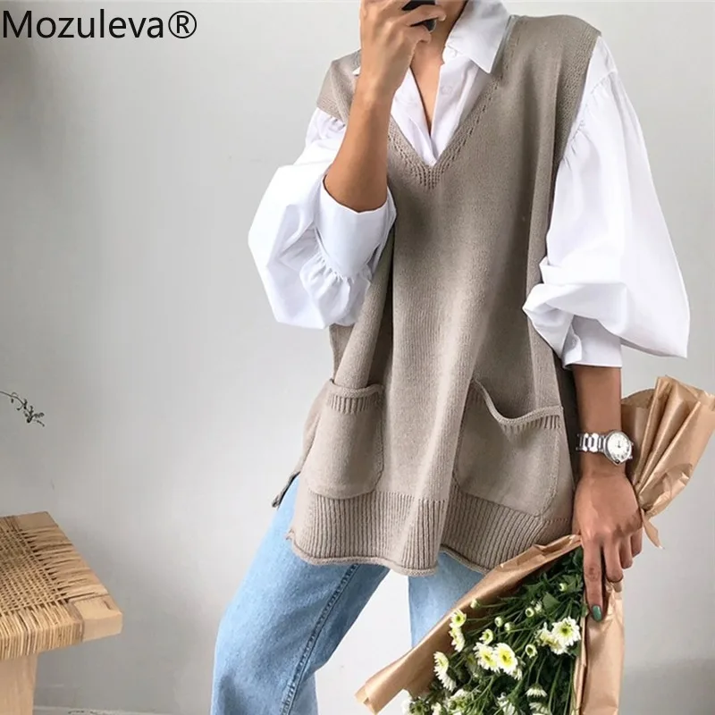 

Mozuleva 2021 New Autumn Winter Women Sweater Pullover Sleeveless Vest Knitting Pocket Oversize Wild Split Knitwear High Quality