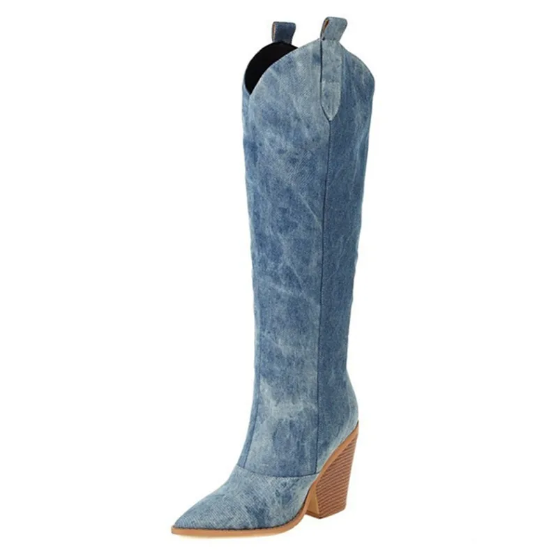 

2023 New Denim Western Boots Pointed Toe Women's Knee High Boots Slip-on High Heels Cowboy Botas Femininas Big Size Women Shoes