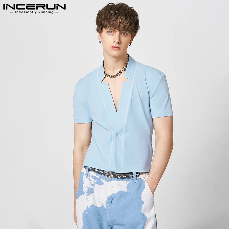 

Fashion Casual Style Tops INCERUN Handsome Men Sexy V-neck Shor Sleeve Blouse Stylish Male Contrast Top Stitch Short Shirt S-5XL