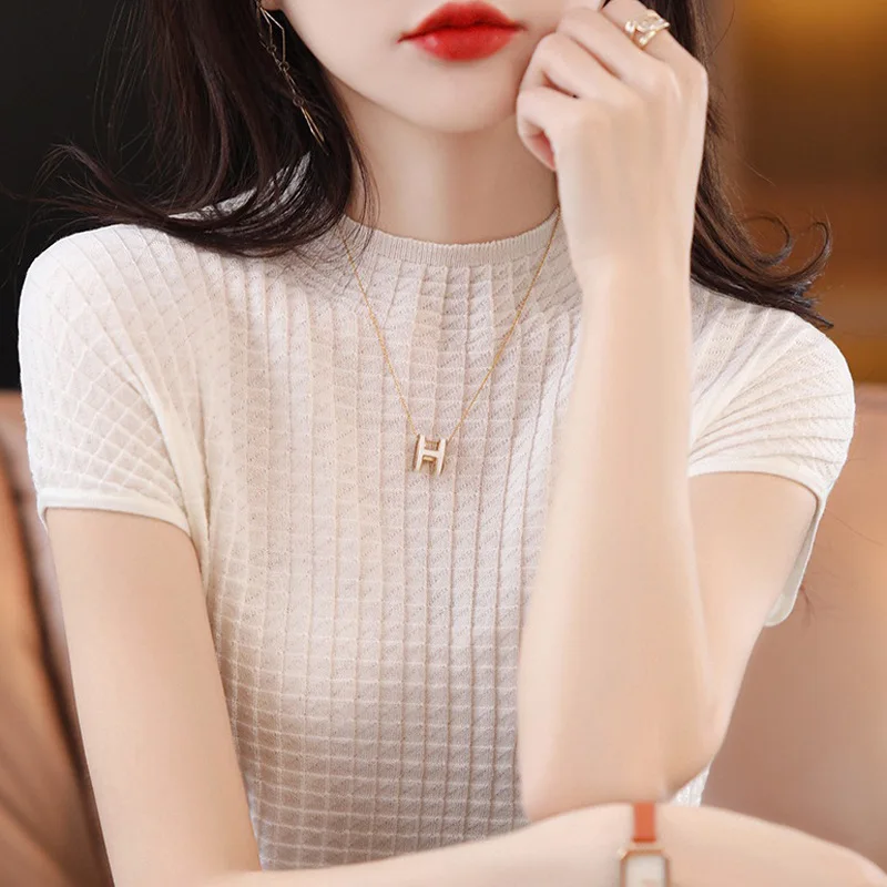 

Summer solid color new short-sleeved turtleneck all-match casual top grey