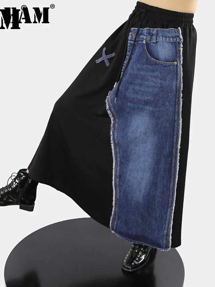 

[EAM] High Elastic Waist Black Denim Irregular Spliced Long Half-body Skirt Women Fashion Tide New Spring Autumn 2022 1DE5955