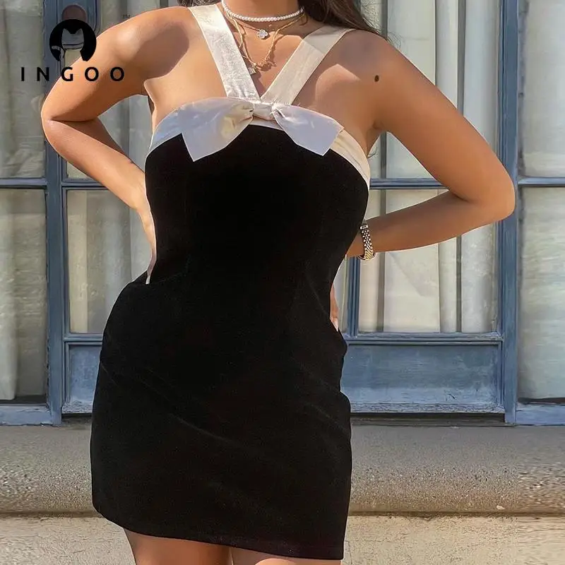 

INGOO Silk Patchwork Short Evening Dresses Women Sleeveless Backless Bodycon Sexy Party Mini Dress With Bow Elegant Club Outfits