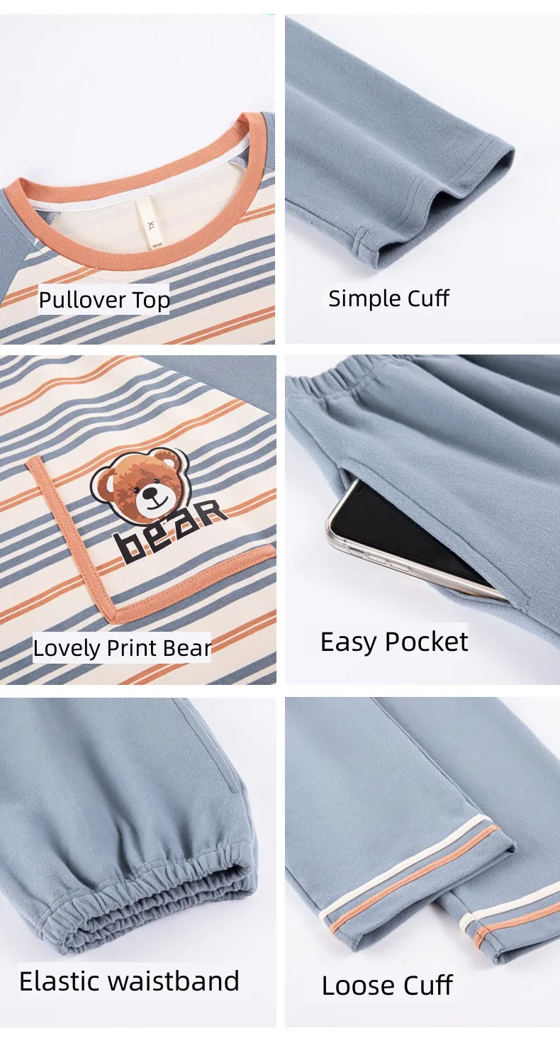 Yasuk Spring Autumn Women's Casual Soft Sleepwear Homewear Couple Pajamas Set With Pants Simple Striped Patchwork Bear Unisex