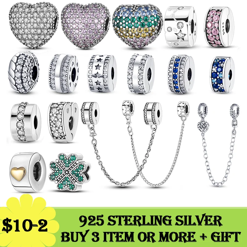 

Распродажа, зажим из стерлингового серебра 925 пробы с фианитами, бусины-шармы с ограничителем, подходят для оригинальных браслетов, ювелирн...