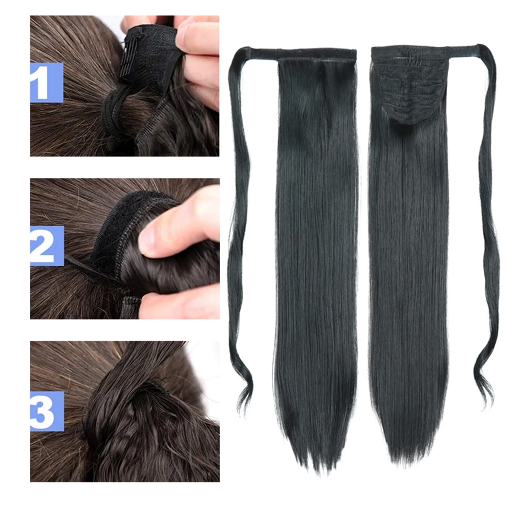 Azqueen Synthetic Long Straight Wrap Around Clip In Ponytail Hair Extension Heat Resistant Pony Tail Fake Hair