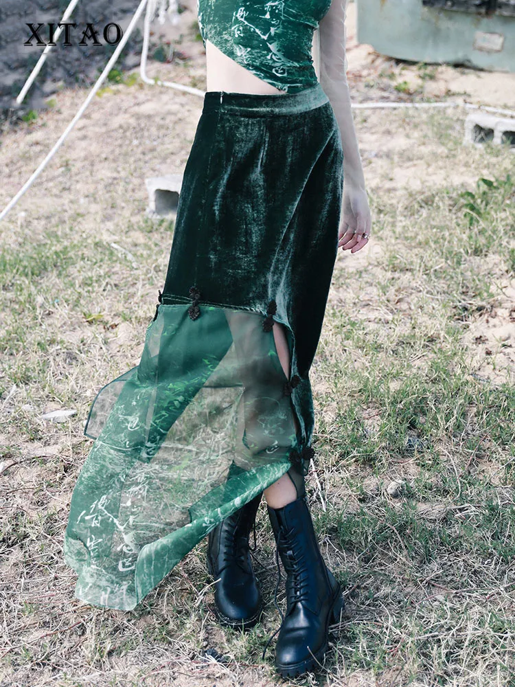 

XITAO Mesh Skirt Perspective Elastic Waist Small Fresh Casual Style Irregular Vintage Print Chiffon Panel High Waist WMD5303