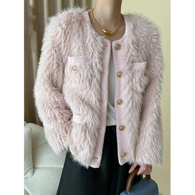 

Зимняя женская шерстяная куртка из искусственного меха, однобортное элегантное пальто с круглым вырезом и длинным рукавом, 20% шерсть