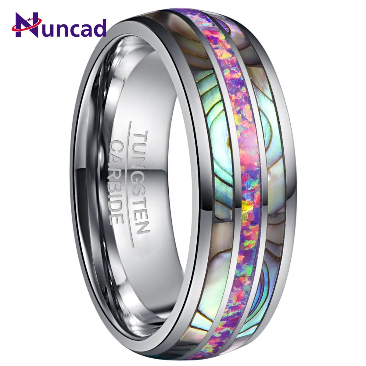 NUNCAD Comfort Fit Tungsten Carbide Ring 8mm Wide Dome Steel Inlaid with Two Acacia + Purple Color Opel Tungsten Steel Ring