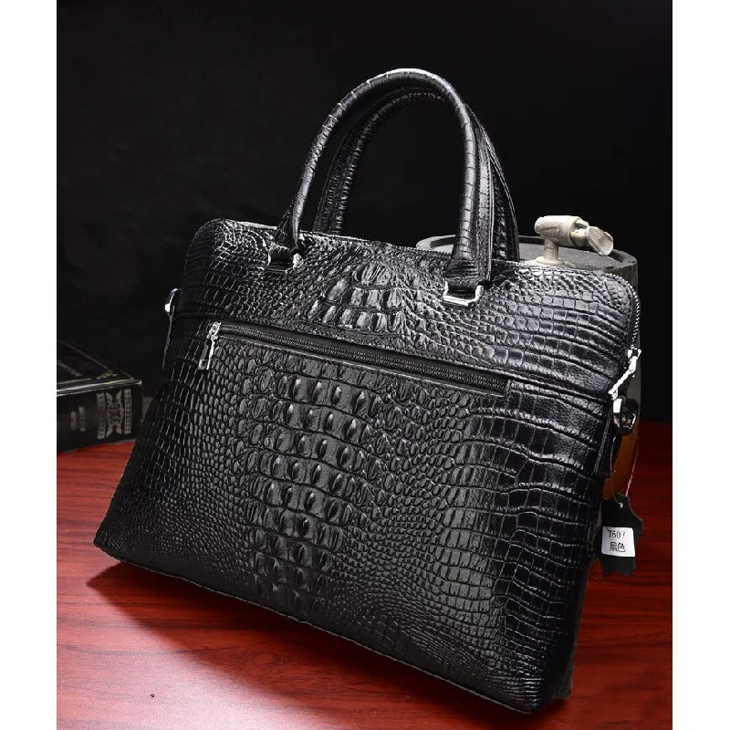 Crocodile Pattern Men Genuine Leather Briefcases Double Zipper Handbag Business Man Laptop Bag Luxury Shoulder Messenger Bag