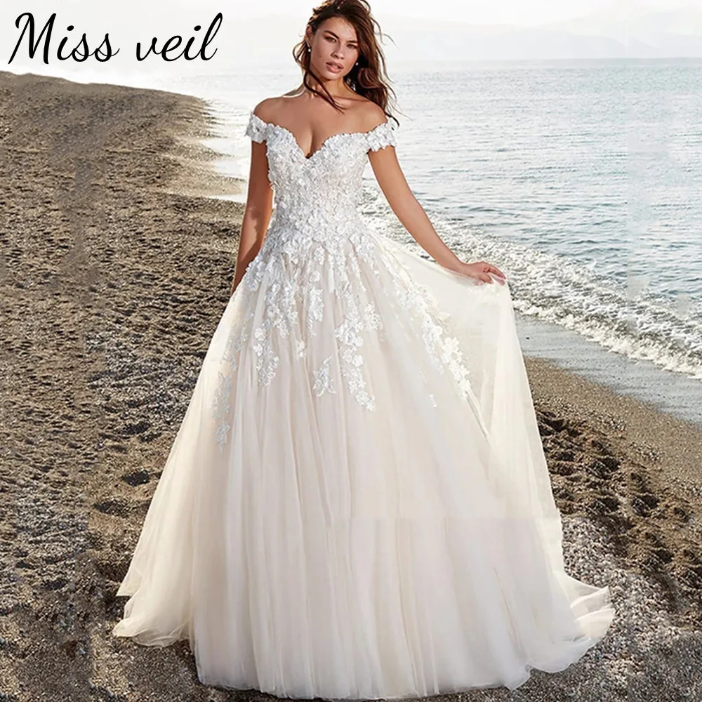 

Женское свадебное платье с открытыми плечами Miss veil, кружевное Тюлевое платье невесты с V-образным вырезом, ТРАПЕЦИЕВИДНОЕ ПЛАТЬЕ на пуговиц...