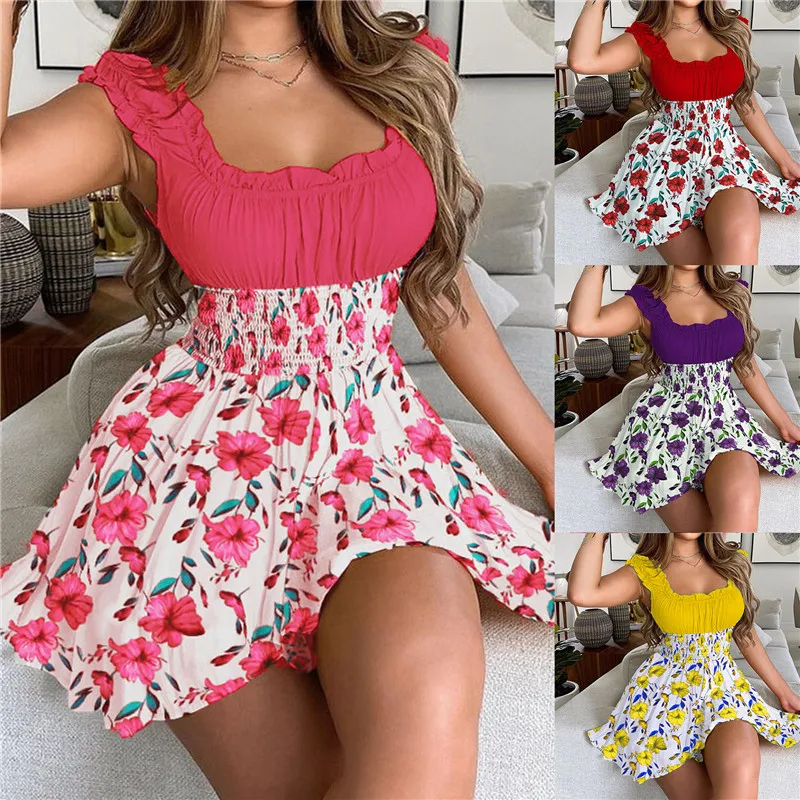 

New 2022 Sexy Women Dress Summer Square Collar Casual Mini Dress Women Elegant Floral Print Patchwork A-Line Party Boho Dress