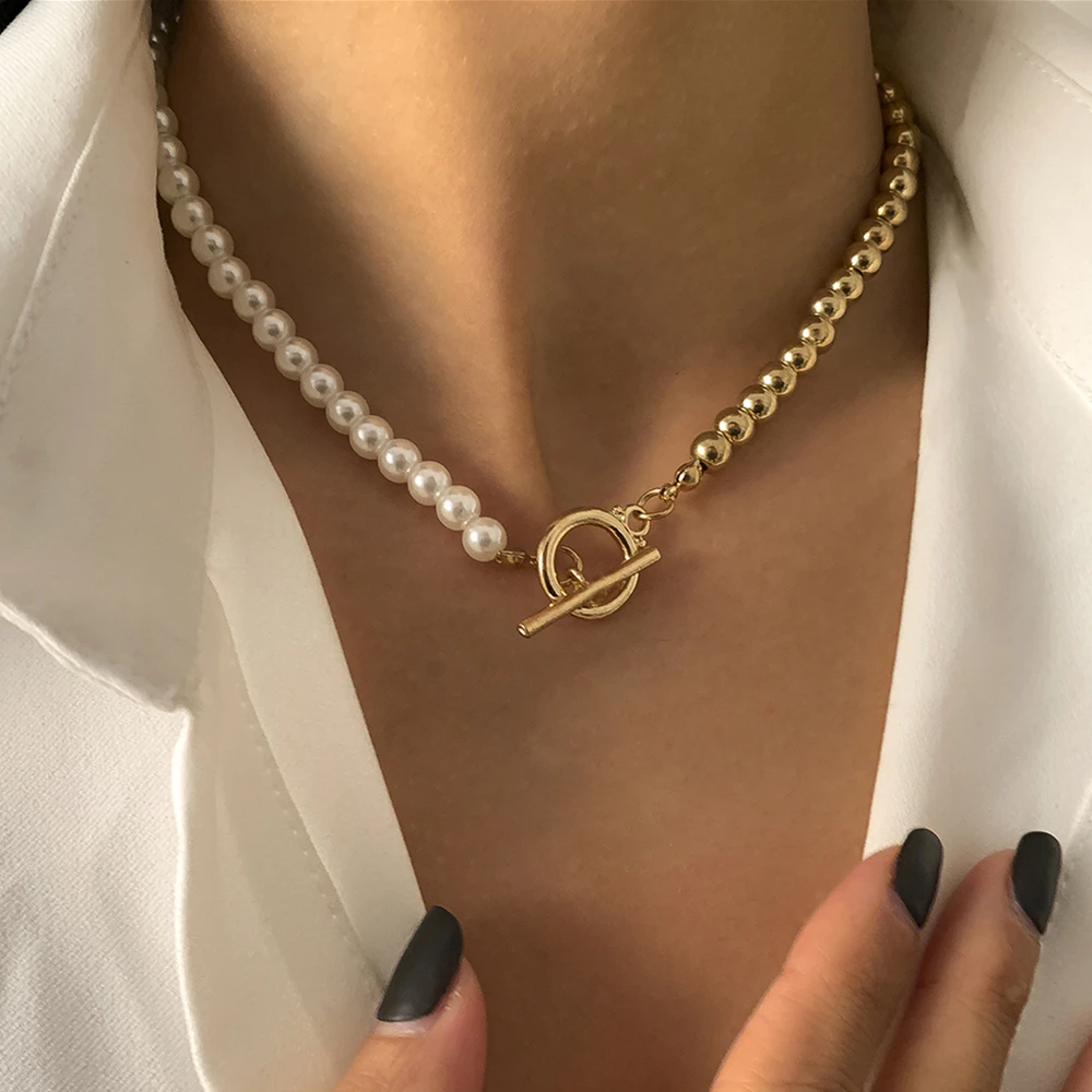 

Simple Toggle Clasp Stainless Steel Chain Necklace For Women Men Fashion Baroque Pearl Chain NecklaceJewelry Gift Wholesale