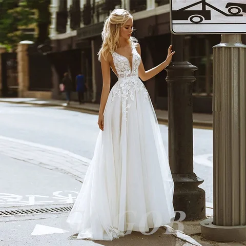 GOGOB Elegant Tulle Wedding R191 Dresses For Women Bride V-Neck Lace Appliques Bridal Gowns Ball Vintage Plus Size