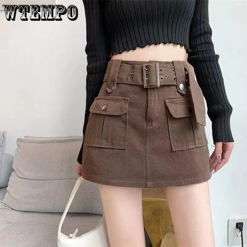 

WTEMPO High Waist Mini Skirt Women Korean Style Fashion with Belt Short A-line Skirt Y2K Streetwear Big Pocket Cargo Skirts