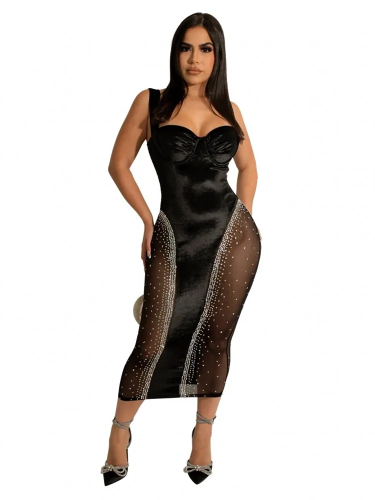

Вечернее платье с подтяжками для женщин, черное модное бархатное прозрачное Сетчатое платье на бретельках из полиэстера, облегающее платье...