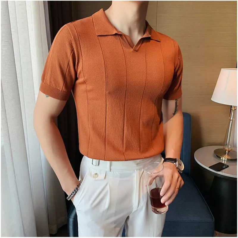 

2022 Social Knitting Slim POLO British Style Stripes POLO Shirt Men Summer Short Sleeve Men's Slim Fit Casual POLO Homme S-3XL
