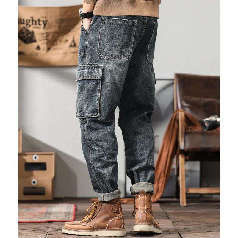 Streetwear Men New Pattern Vintage Recreational Bluish Grey Cargo Pants Straight Cylinder Comfortable Loose Jeans Autumn Female