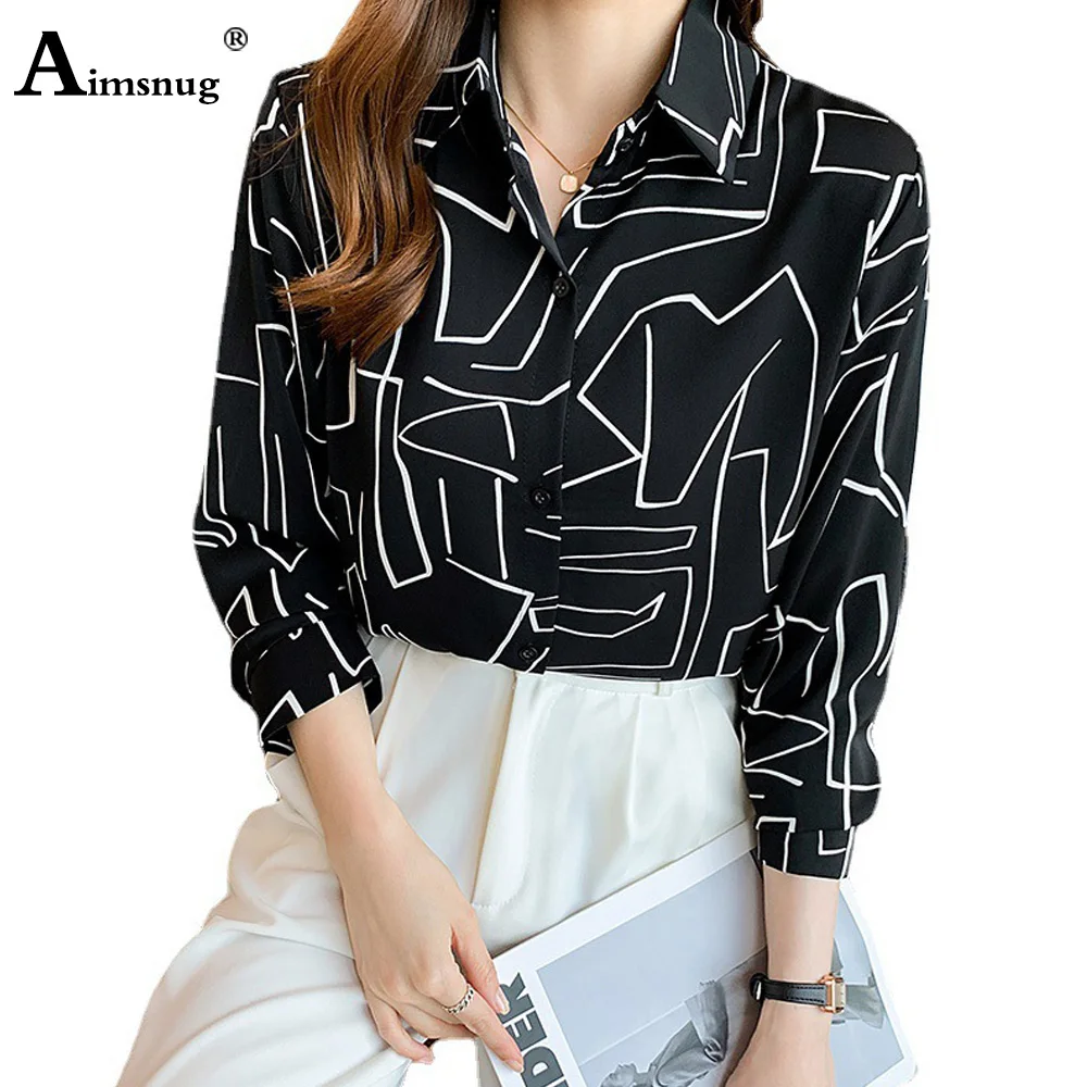 Women Elegant Shirts Turn-down Collar Tops Korean Long Sleeves Blouse Womens Simple 3D Printed Shirt blusas Femme Tunic Clothing