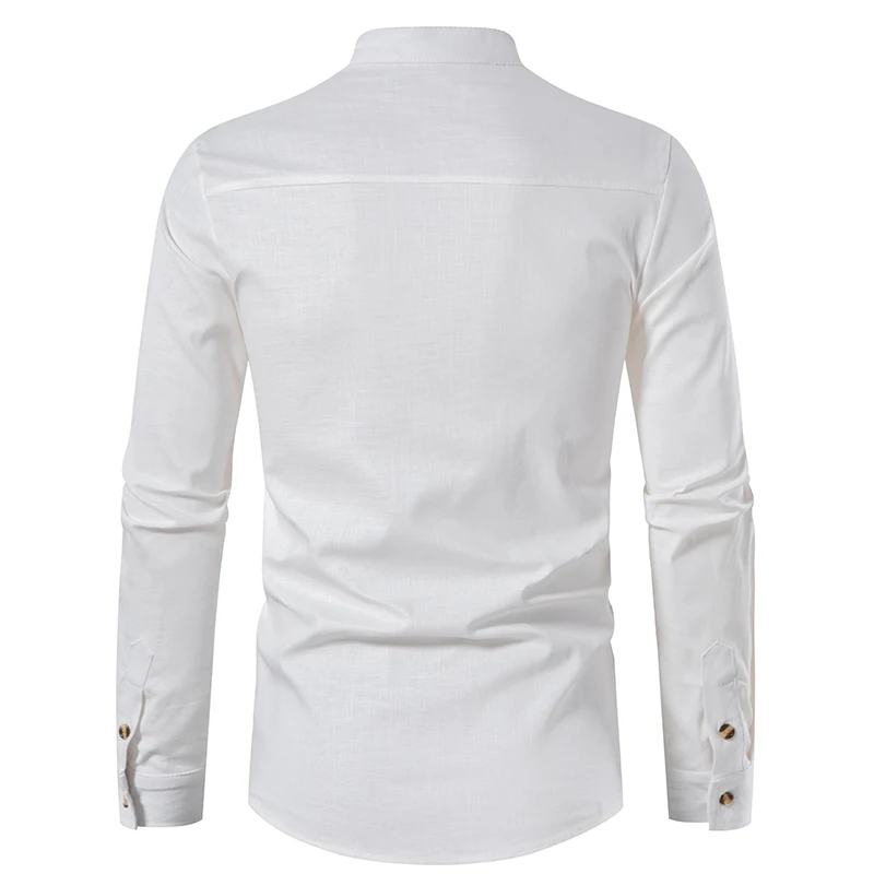 New Causal Shirt Men Cotton Linen Long Sleeve Stand Collar Slim Mens Shirt Breathable Business Vintage Top Solid Shirts Men
