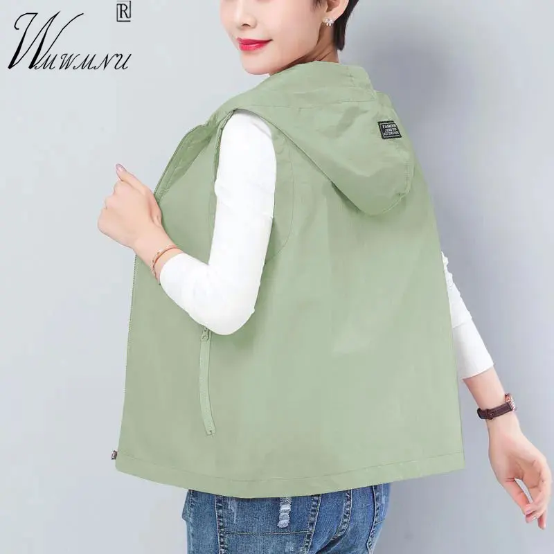 

2023 Spring Hooded Women's Vest Lined 90kg OverSize Casual Sleeveless Jackets Mom Candy Color Lightweight Chalecos Sin Mangas