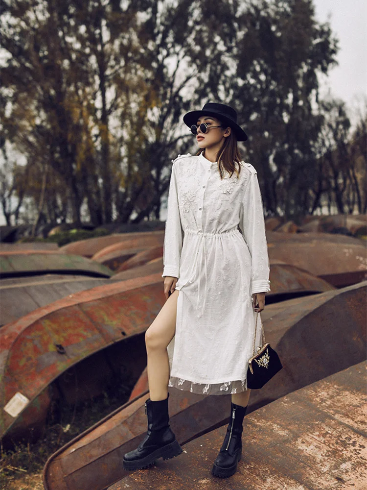 

Shirt White Dress Spring Fall Women Elegant Lace Mesh Embroidery Beading Single Breasted Sexy Front Slit Shirt Dress