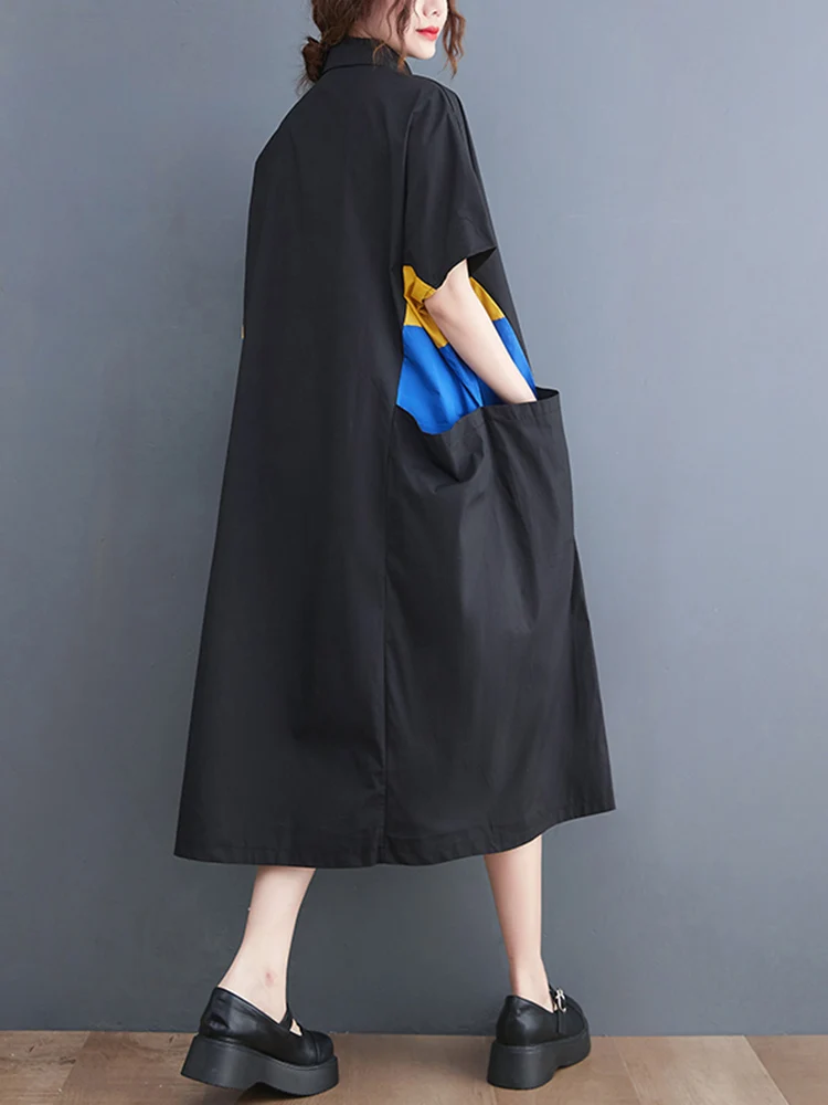 Женское винтажное платье-рубашка в горошек черное свободное повседневное