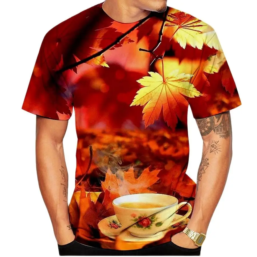 

Мужская футболка с 3D принтом кленового листа, повседневная, модная, быстросохнущая, с коротким рукавом, из полиэстера, универсальная, лето ...