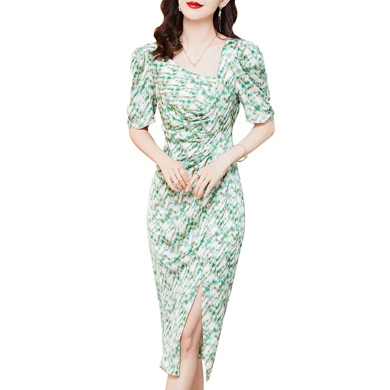 Young mother's short sleeved silk dress temperament middle-aged women's summer dress high-end fashion silk floral dress 22k55