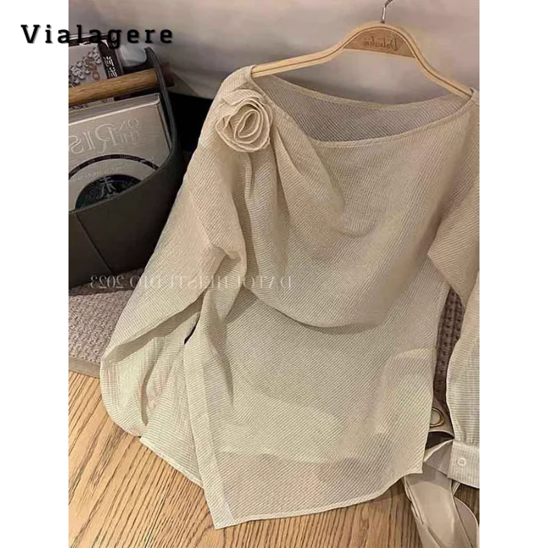 

Женская блузка с круглым вырезом и длинным рукавом, однотонная Повседневная Блузка с 3D цветами, лето 2023