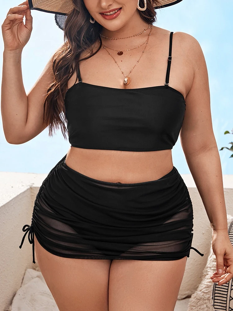 

3 Pack Solid Plus Size Push Up Bandeau Bikini Women's 2022 Large Size High Waist Swimsuit With Big Size Beach Skirt Swimwear 4XL