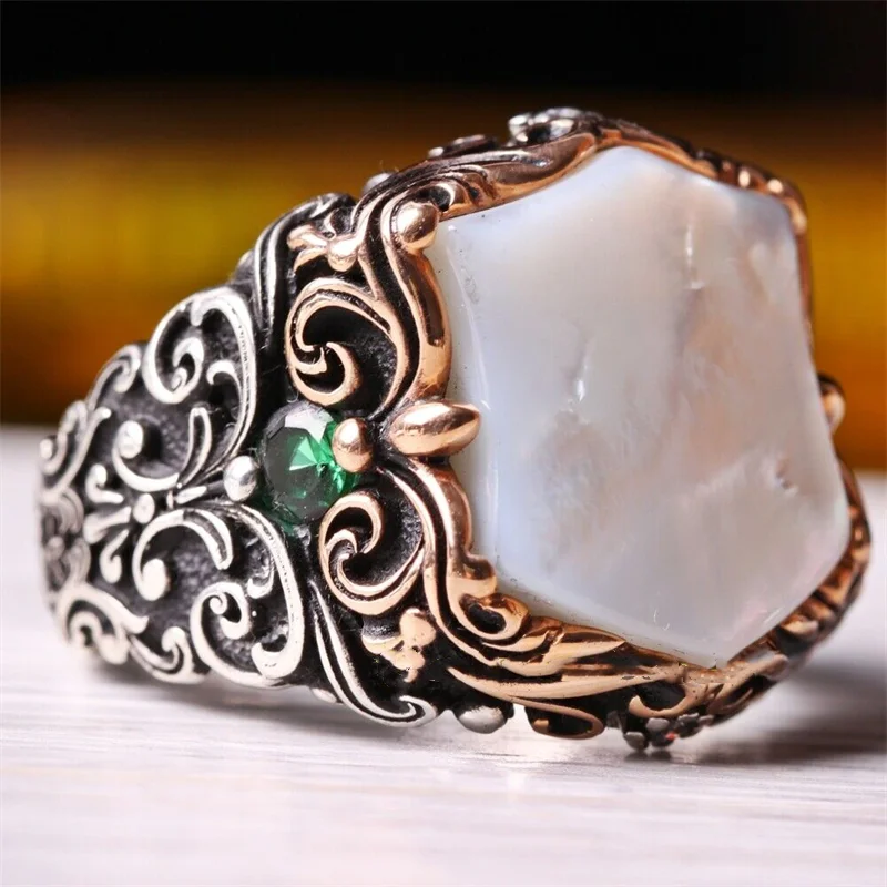 

2022 New Stone Men's Ring Banquet Jewelry Punk Style Personality Exaggerated White Ring Carving High-end Temperament Jewelry