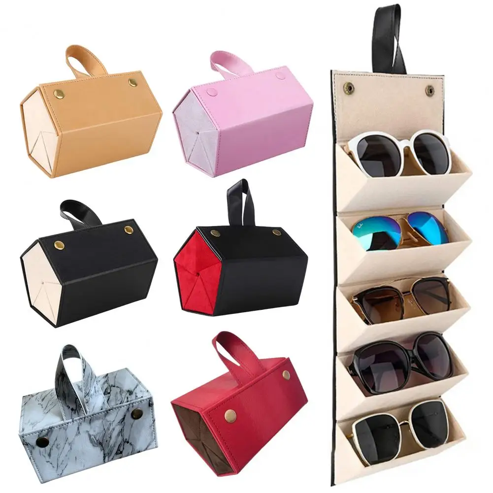 

Glasses Case Multi-Purpose Portable Space-saving Faux Leather Folding 5 Slots Various Glasses Packaging Box for Daily Use