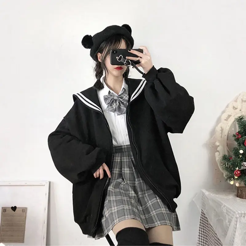 

Sailor suit women hoodie Goth Skeleton Print Autumn Winter Hoodies Women Zipper Up Harajuku Sweatshirt Gothic Clothes Loose