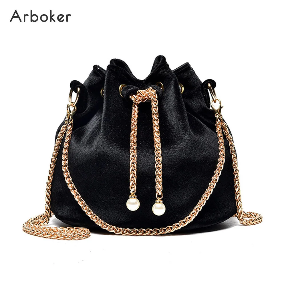 

Wine Red Velvet Bucket Bag Women Fashion Chain Mini Handbag Pearl Velour Crossbody Bags Female SolidDrawstring Shoulder Bag New