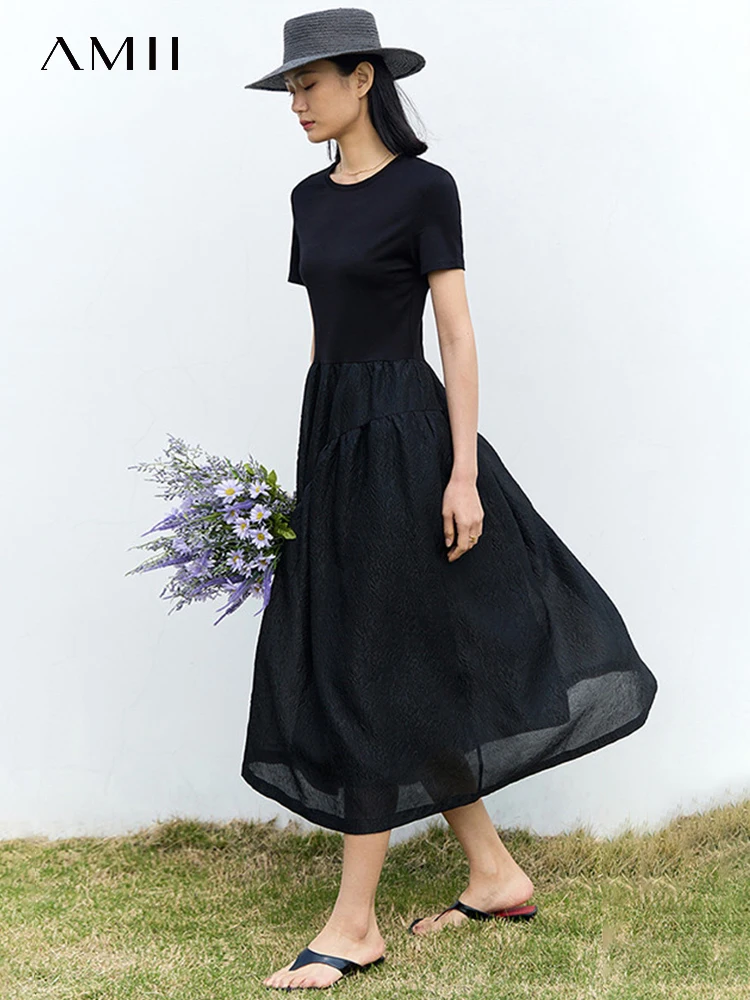 AMII Minimalism French Dresses for Women 2023 Summer New Office Lady Casual Patchwork O Neck Long Solid Black Vestidos 12322131