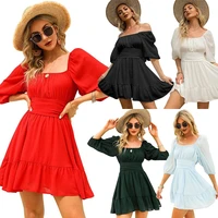 women square collar lantern sleeve solid color backless sexy casual chiffon short dress