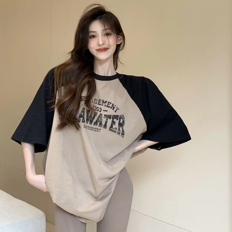 

Summer Contrast Color Patchwork T Shirt Tops Round Neck Half Sleeve Loose Pullovers Korean Casual Fashion Women Clothing