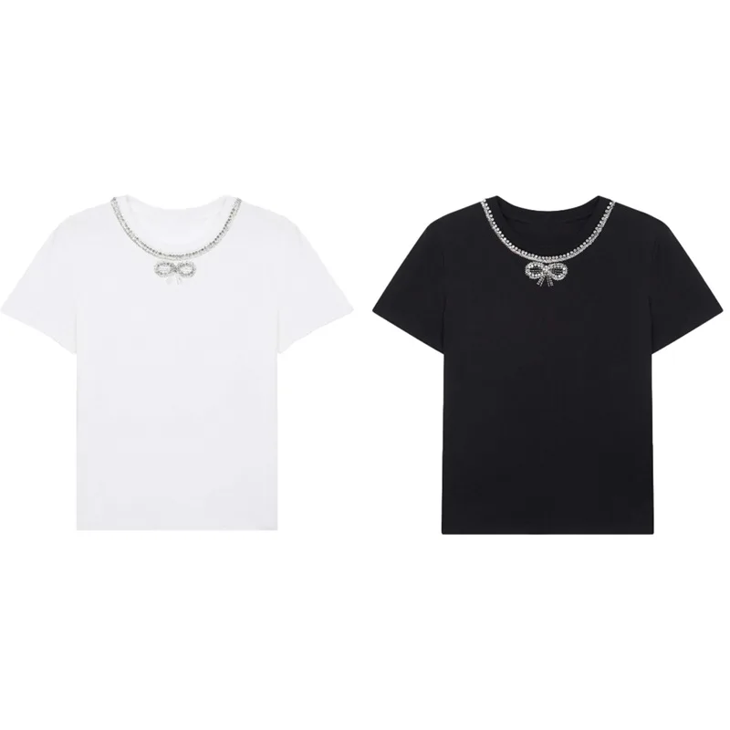 

2022 Summer New O-Neck Bow Beaded T-shirt Women's Cotton Loose Simple Short-sleeved Pullover Casual Kawaii Tops Black and White