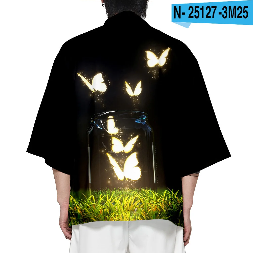 Summer Print Butterfly Men Kimono Sweet Casual Loose Shirts Cardigan Robe Large Size XXS-6XL 3/4 Sleeve Home Bathrobe Jacket